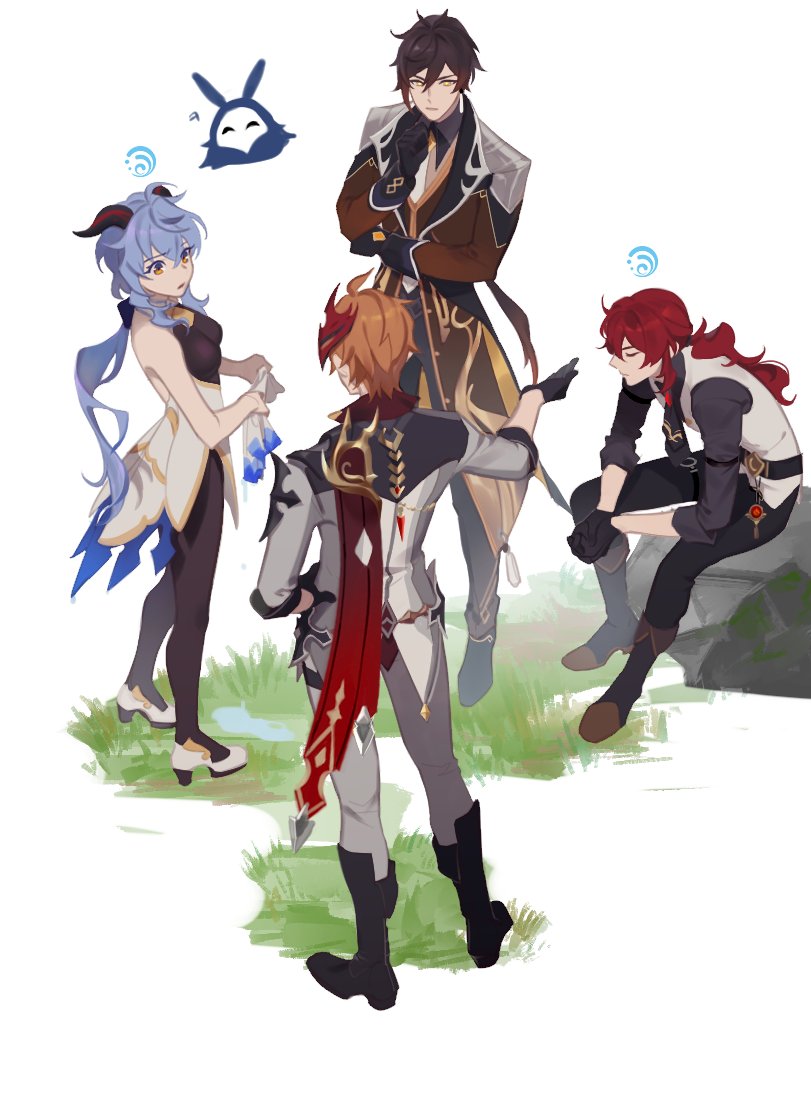 3boys abyss_mage bangs black_bodysuit black_gloves black_pants blue_hair bodysuit boots breasts brown_eyes closed_eyes diluc_ragnvindr ganyu_(genshin_impact) genshin_impact gloves grass hair_between_eyes hand_on_hip hands_together horns jacket jewelry k_young03 long_hair mask mask_on_head multiple_boys orange_hair pants ponytail red_hair red_scarf rock scarf simple_background single_earring sitting standing tartaglia_(genshin_impact) vision_(genshin_impact) wet wet_clothes white_background wringing_clothes yellow_eyes zhongli_(genshin_impact)