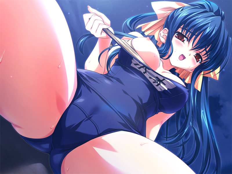 blue_hair blush breasts cameltoe covered_nipples game_cg large_breasts nagisano name_tag night nipples one-piece_swimsuit one_breast_out open_mouth pulled_by_self red_eyes ribbon sawaki_mimori school_swimsuit smile solo spread_legs sweat swimsuit swimsuit_pull tsukasa_yuuki undressing