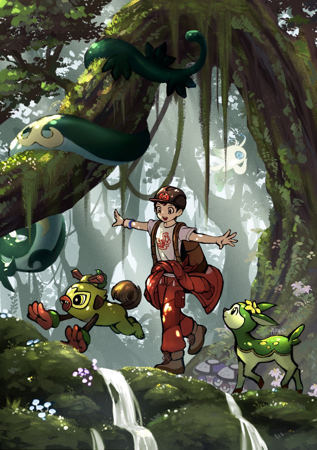 1boy alternate_costume amakara000 amoonguss backpack bag black_hair boots brown_bag celebi clothes_around_waist day deerling expedition_uniform forest gen_2_pokemon gen_5_pokemon gen_8_pokemon helmet highres jacket jacket_around_waist male_focus moss mushroom mythical_pokemon nature open_mouth orange_pants outdoors outstretched_arms pokemon pokemon_(creature) pokemon_(game) pokemon_swsh serperior shirt short_hair short_sleeves smile standing symbol_commentary t-shirt teeth thwackey tree victor_(pokemon) walking water white_shirt