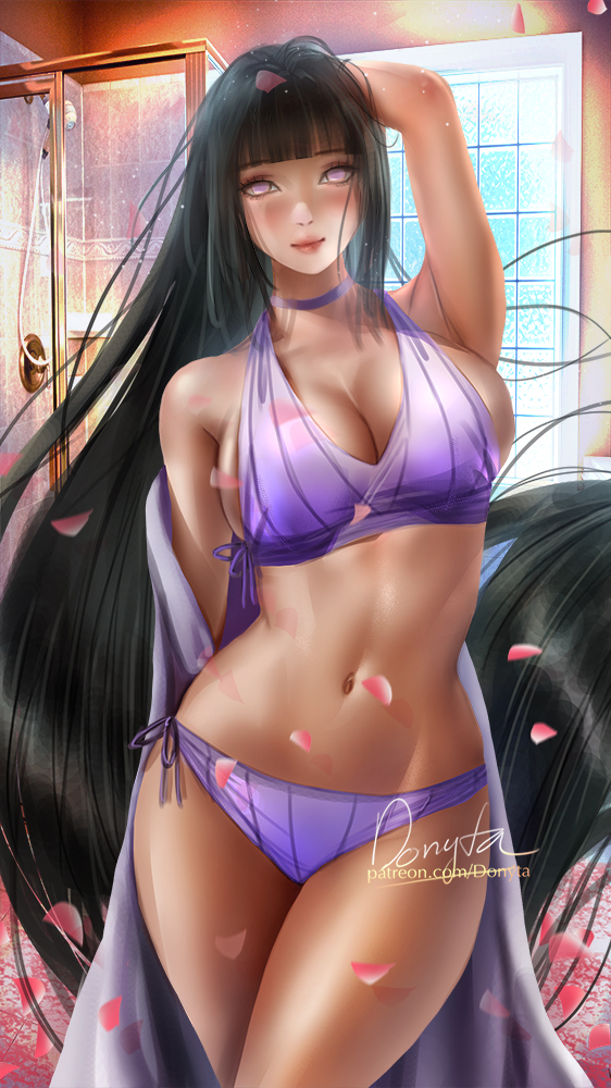 1girl alternate_eye_color arms_up bangs bare_shoulders bathroom bikini black_hair breasts cleavage donyta hyuuga_hinata large_breasts lipstick long_hair makeup naruto naruto_(series) naruto_shippuuden navel purple_bikini robe_slip shower_(place) side-tie_bikini smile swimsuit