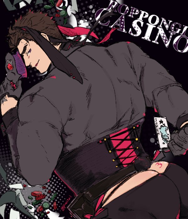 1boy ass back bara black_legwear brown_hair butt_crack casino cross-laced_clothes from_behind looking_at_viewer male_focus master_3_(tokyo_houkago_summoners) muscular muscular_male pmlial poker short_hair skin_tight smirk solo spiked_hair tokyo_houkago_summoners vest
