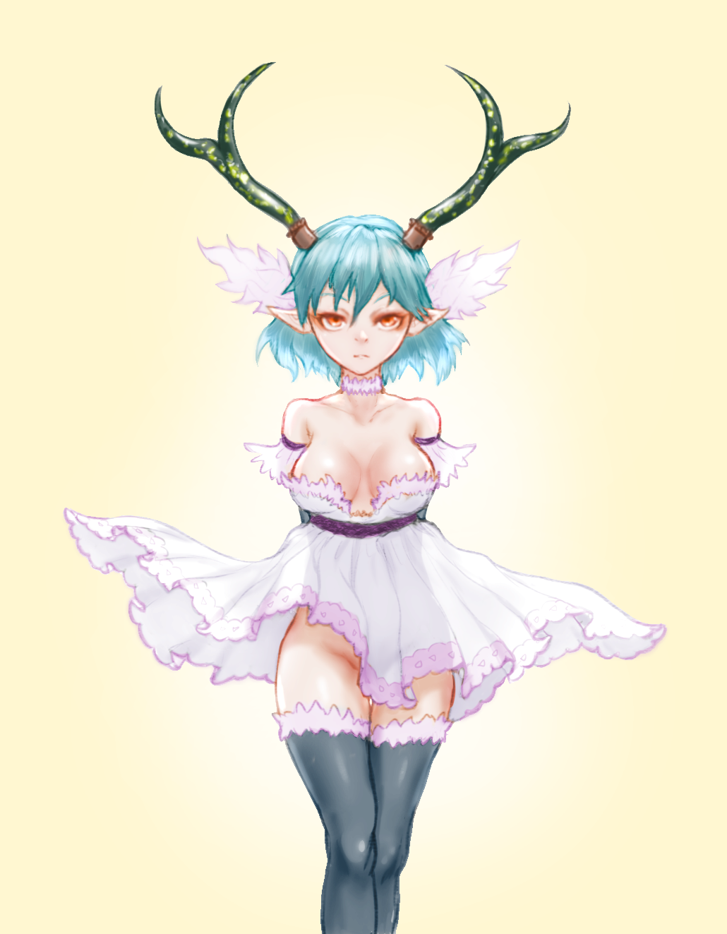 1girl antlers artoise breasts c_(control) choker closed_mouth dress fur green_hair groin highres horns looking_at_viewer no_panties pointy_ears q_(control) short_hair simple_background solo thighhighs yellow_eyes