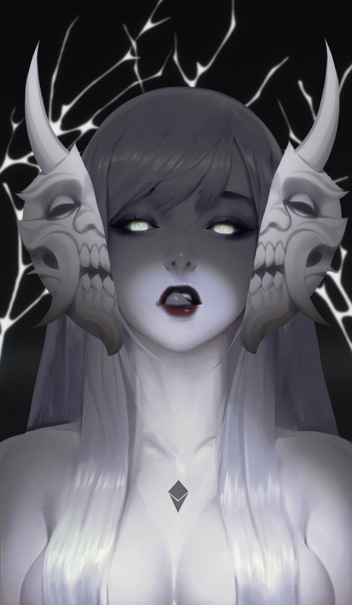 1girl bangs banned_artist breasts collarbone dark_background eyeshadow glowing glowing_eyes highres horns large_breasts licking_lips lipstick long_hair looking_at_viewer makeup mask oni_mask original pale_skin silver_hair simple_background solo swept_bangs tattoo tongue tongue_out topless upper_body zeronis