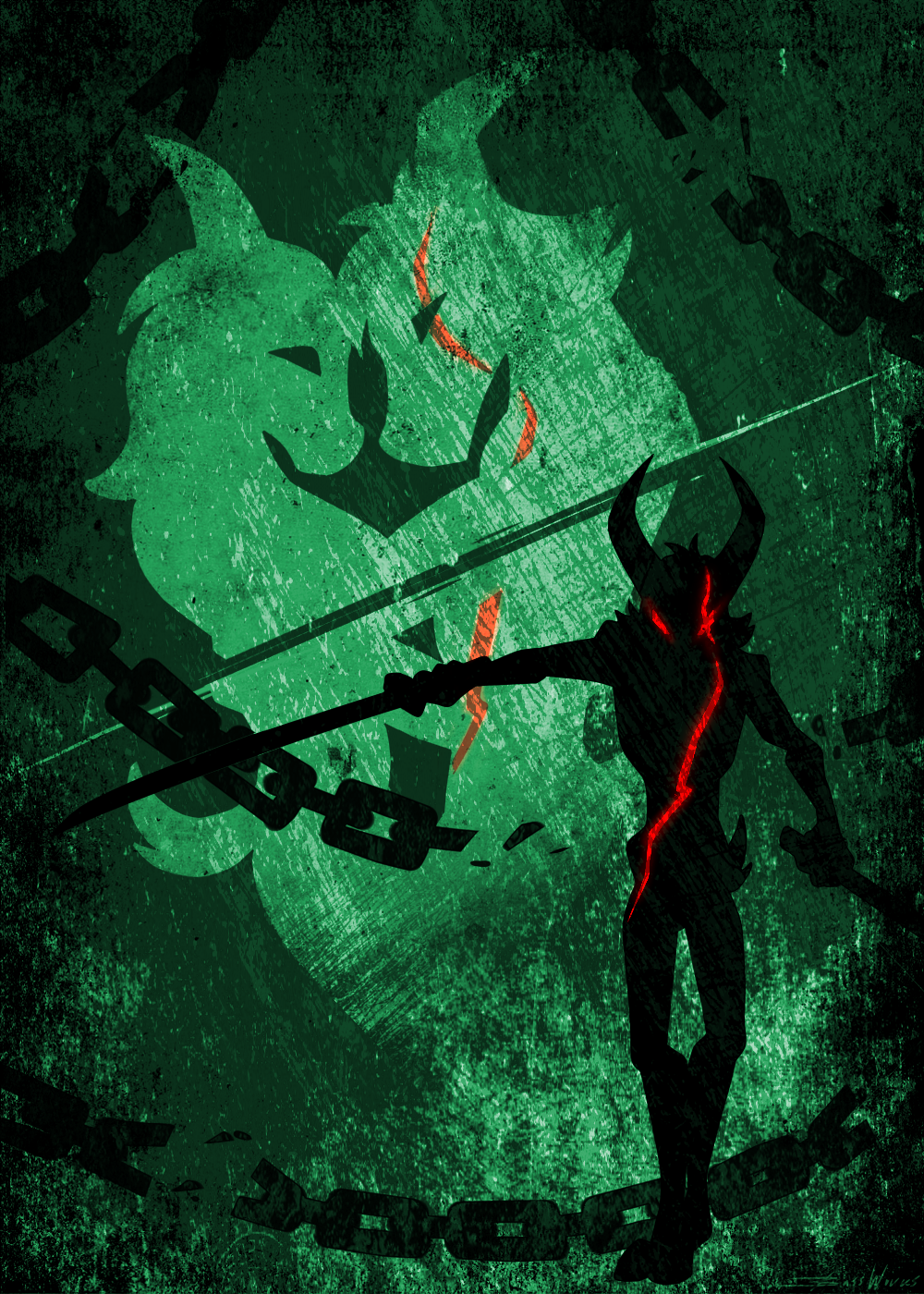 ambiguous_gender anthro bassybefuddle bovid broken_chain caprine chain duo goat hi_res horn katana mammal melee_weapon red_eyes scar silhouette simple_background slashing sword textured_background weapon