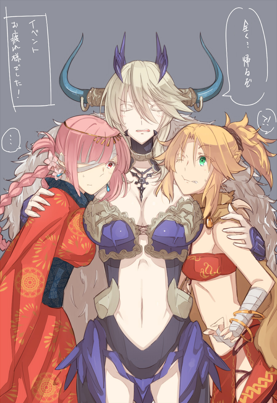3girls aqua_eyes armor artoria_pendragon_(all) artoria_pendragon_(lancer_alter)_(fate) bandages blonde_hair blush bracelet braid breasts cleavage closed_eyes earrings fate/grand_order fate_(series) florence_nightingale_(fate) flower grey_background headgear highres hollomaru horns japanese_clothes jewelry kimono large_breasts long_hair midriff mordred_(fate) mordred_(fate)_(all) multiple_girls navel one_eye_closed open_mouth pink_eyes pink_hair ponytail saber skirt