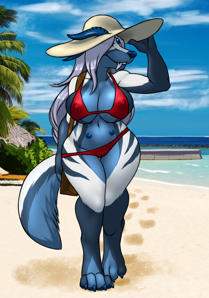 amione anthro areola beach big_breasts bikini blue_areola blue_nipples breasts camel_toe clitoris_outline clothing female furball_(artist) huge_breasts kaisura kwuff mammal multi_nipple nipple_outline nipples seaside solo sun_hat swimwear wide_hips