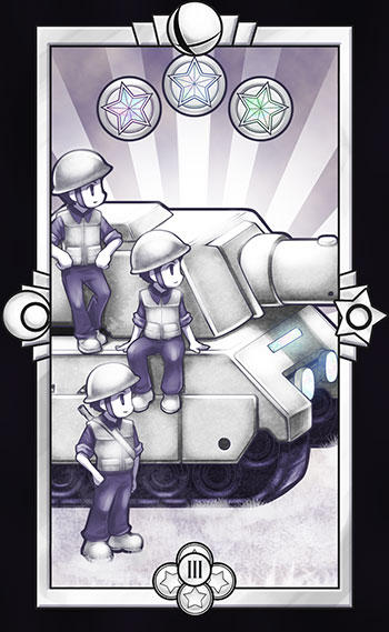 advance_wars black_border border character_request coin commentary crescent english_commentary expressionless grass hand_in_pocket hands_on_own_hips helmet limited_palette long_sleeves looking_to_the_side military_uniform military_vehicle motor_vehicle pants quas-quas roman_numeral shirt shoes sitting sleeves_past_elbows smash_ball solid_oval_eyes star_(symbol) super_smash_bros. tank tarot tarot_(medium) uniform vest