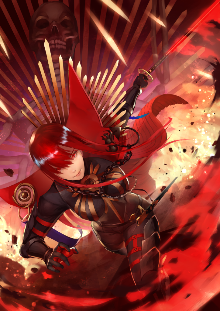 1girl armored_boots black_bodysuit bodysuit boots cape chain collared_cape dutch_angle family_crest fate/grand_order fate_(series) hair_over_one_eye holding holding_sword holding_weapon katana looking_at_viewer medallion oda_nobunaga_(fate) oda_nobunaga_(maou_avenger)_(fate) oda_uri popped_collar red_cape red_eyes red_hair red_theme shin716 skeleton skull solo sword tight_top weapon