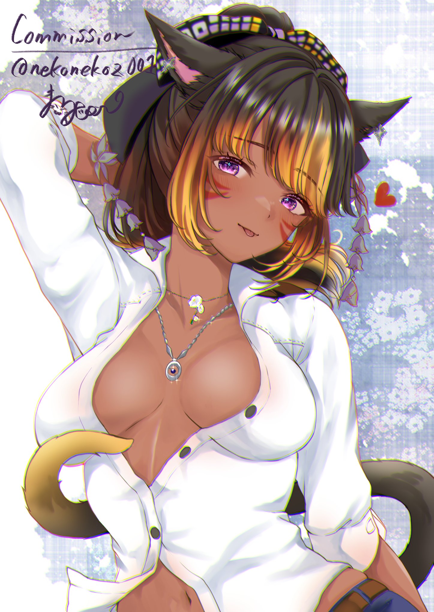 1girl animal_ears arm_behind_head breasts brown_hair cat_ears cat_tail cleavage collar collared_shirt commission denim earrings eyebrows_hidden_by_hair final_fantasy final_fantasy_xiv hairband head_tilt heart highres jeans jewelry large_breasts looking_at_viewer miqo'te multicolored_hair multiple_necklaces necklace_between_breasts nekonekoz001 pants purple_eyes shirt short_hair signature solo streaked_hair tail tongue tongue_out unbuttoned unbuttoned_shirt upper_body warrior_of_light_(ff14) white_collar white_shirt