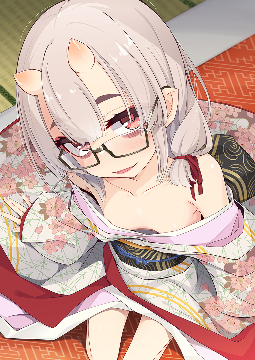 1girl bags_under_eyes bare_shoulders blunt_bangs breasts collarbone commentary_request downblouse eyes_visible_through_hair from_above futon glasses highres horns japanese_clothes kimono light_smile lolibaba looking_at_viewer medium_hair no_bra off_shoulder ogami_kazuki oni oni_horns original parted_lips red_eyes semi-rimless_eyewear sitting skin-covered_horns slit_pupils small_breasts solo tatami white_hair white_kimono