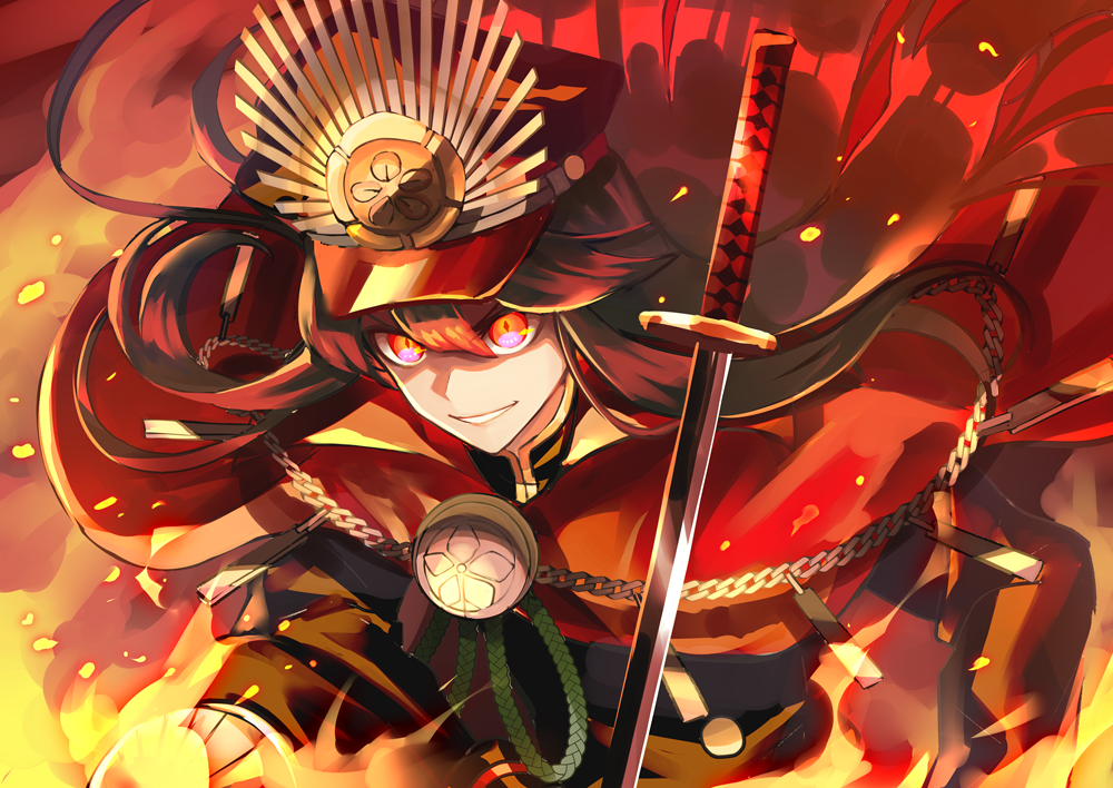 1girl black_hair cape chain family_crest fate/grand_order fate_(series) fire hair_between_eyes hat katana kuzushima medallion military_hat oda_nobunaga_(fate) oda_uri parted_lips peaked_cap red_cape red_eyes red_theme smile solo sword weapon