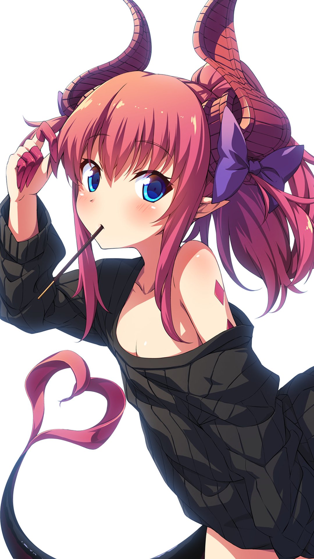 1girl alternate_hairstyle arm_up bare_shoulders black_sweater blue_eyes blush bow breasts casual cleavage commentary cowboy_shot curled_horns dragon_girl dragon_horns dragon_tail elizabeth_bathory_(fate) elizabeth_bathory_(fate/extra_ccc) fate/extra fate/extra_ccc fate_(series) food food_in_mouth hair_between_eyes hair_bow high_ponytail highres horns long_hair long_sleeves mouth_hold no_bra off_shoulder pink_hair pocky pocky_in_mouth pointy_ears ponytail purple_bow ribbed_sweater small_breasts solo sweater tail textless_version two_side_up ugume