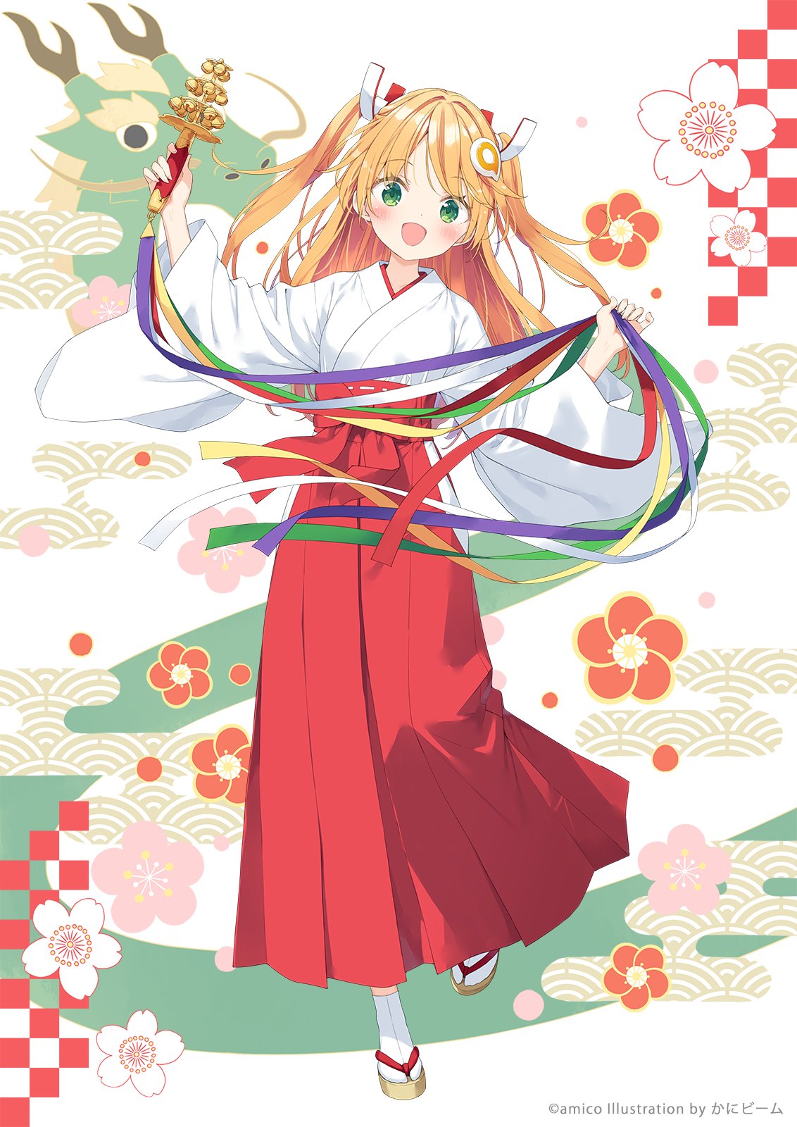 1girl :d bell blonde_hair blush brown_footwear checkered_background chinese_zodiac commentary_request copyright_request egasumi full_body green_eyes hair_ornament hakama hakama_skirt highres holding japanese_clothes jingle_bell kagura_suzu kani_biimu kimono long_hair long_sleeves looking_at_viewer open_clothes red_hakama skirt smile socks solo standing standing_on_one_leg tabi two_side_up very_long_hair white_background white_kimono white_socks wide_sleeves year_of_the_dragon zouri