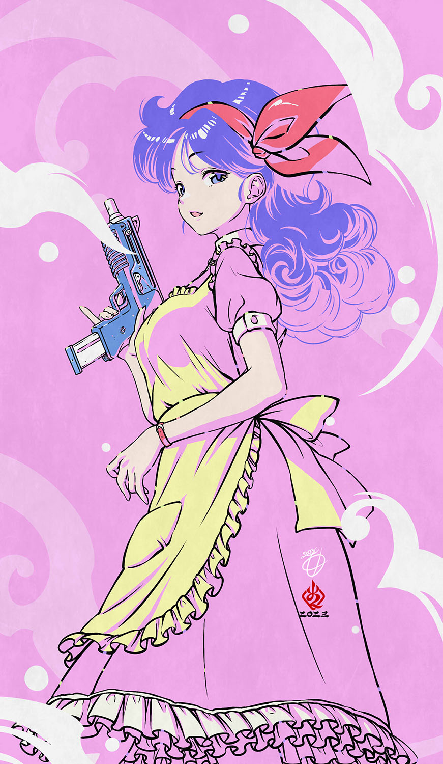 1girl apron bow_hairband breasts curly_hair dragon_ball dragon_ball_(classic) dress finger_on_trigger frilled_apron frilled_dress frills gun hairband highres holding holding_gun holding_weapon imi_uzi kanchiyo long_hair looking_at_viewer looking_back lunch_(dragon_ball) lunch_(good)_(dragon_ball) medium_breasts pinky_out purple_eyes purple_hair red_hairband smoke smoking_gun solo submachine_gun weapon wrist_straps