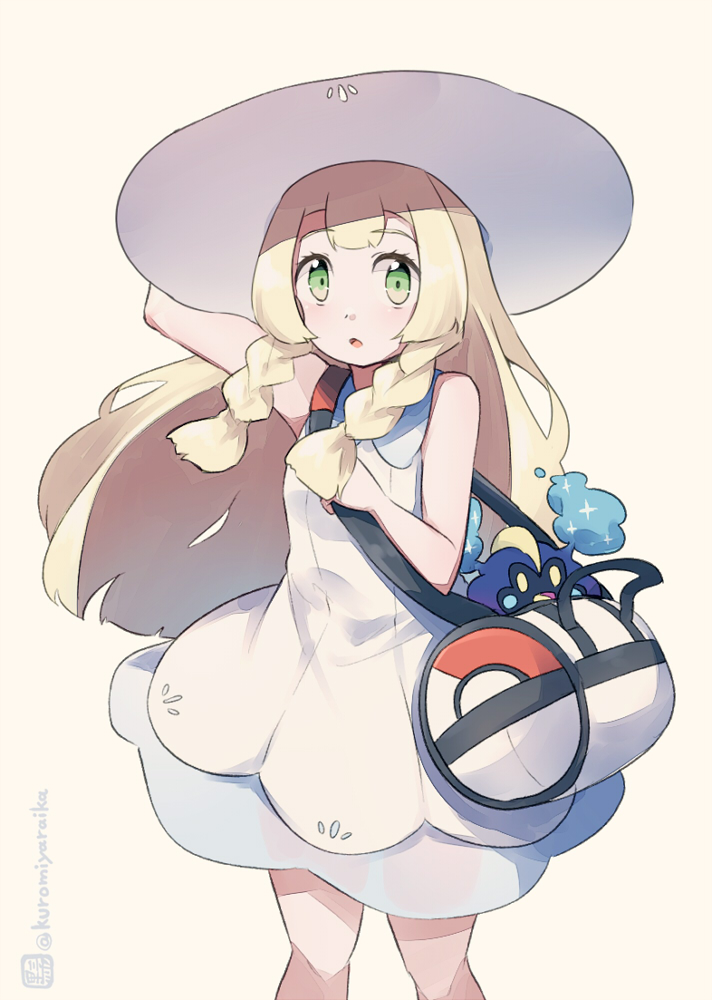 1girl :o arm_up bag bare_arms bare_shoulders blonde_hair braid brown_background collared_dress cosmog dress duffel_bag feet_out_of_frame green_eyes hand_on_headwear hat kuromiya lillie_(pokemon) long_hair one-hour_drawing_challenge parted_lips pokemon pokemon_(creature) pokemon_sm sidelocks simple_background sleeveless sleeveless_dress standing sun_hat twin_braids twitter_username very_long_hair white_dress white_headwear