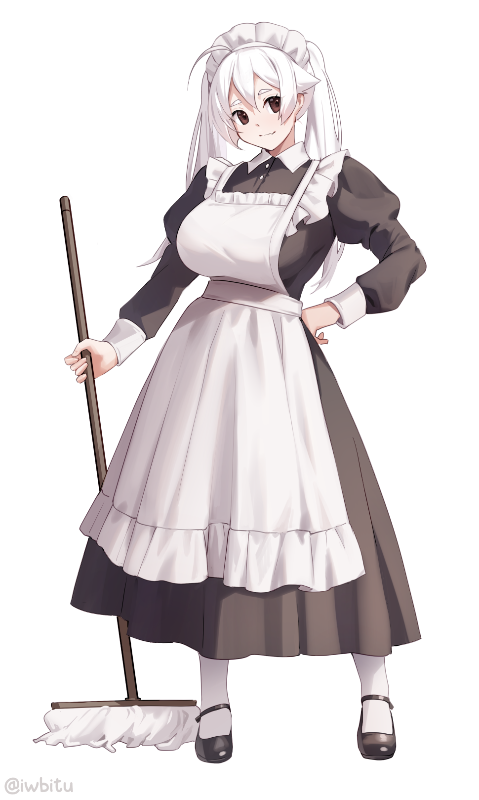 1girl apron black_footwear breasts brown_eyes brown_hair dress full_body highres iwbitu large_breasts long_dress long_hair long_sleeves maid maid_headdress mop nyopu original simple_background standing twintails white_background white_hair