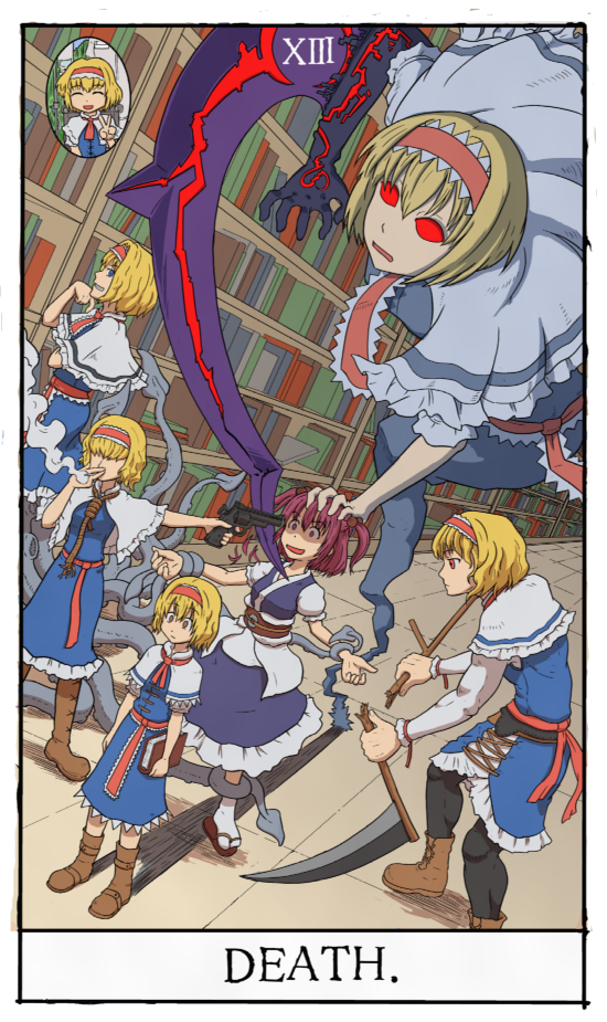 6+girls alice_margatroid at_gunpoint bangs blonde_hair blue_dress blue_eyes blue_kimono bois_de_justice book boots broken broken_weapon brown_footwear brown_sash capelet cigarette closed_mouth coin_on_string colored_sclera commentary_request cookie_(touhou) ddd_(nicoseiga51845241) death_(tarot) dies_irae dress eyebrows_visible_through_hair frilled_capelet frilled_hairband frilled_sash frills full_body geta hair_between_eyes hair_bobbles hair_ornament hair_over_eyes hairband hand_on_another's_head hinase_(cookie) holding holding_book holding_scythe ichigo_(cookie) japanese_clothes jigen_(cookie) kimono library looking_at_another multiple_girls muscular muscular_female no_pupils not_present obi onozuka_komachi open_mouth red_eyes red_hair red_hairband red_sash red_sclera revolver role_reversal roman_numeral sakuranbou_(cookie) sash scythe shaded_face shadow shinza_bansho_series shishou_(cookie) short_hair smoke tabi taisa_(cookie) tarot tentacles touhou twintails upper_body v weapon white_capelet yellow_eyes