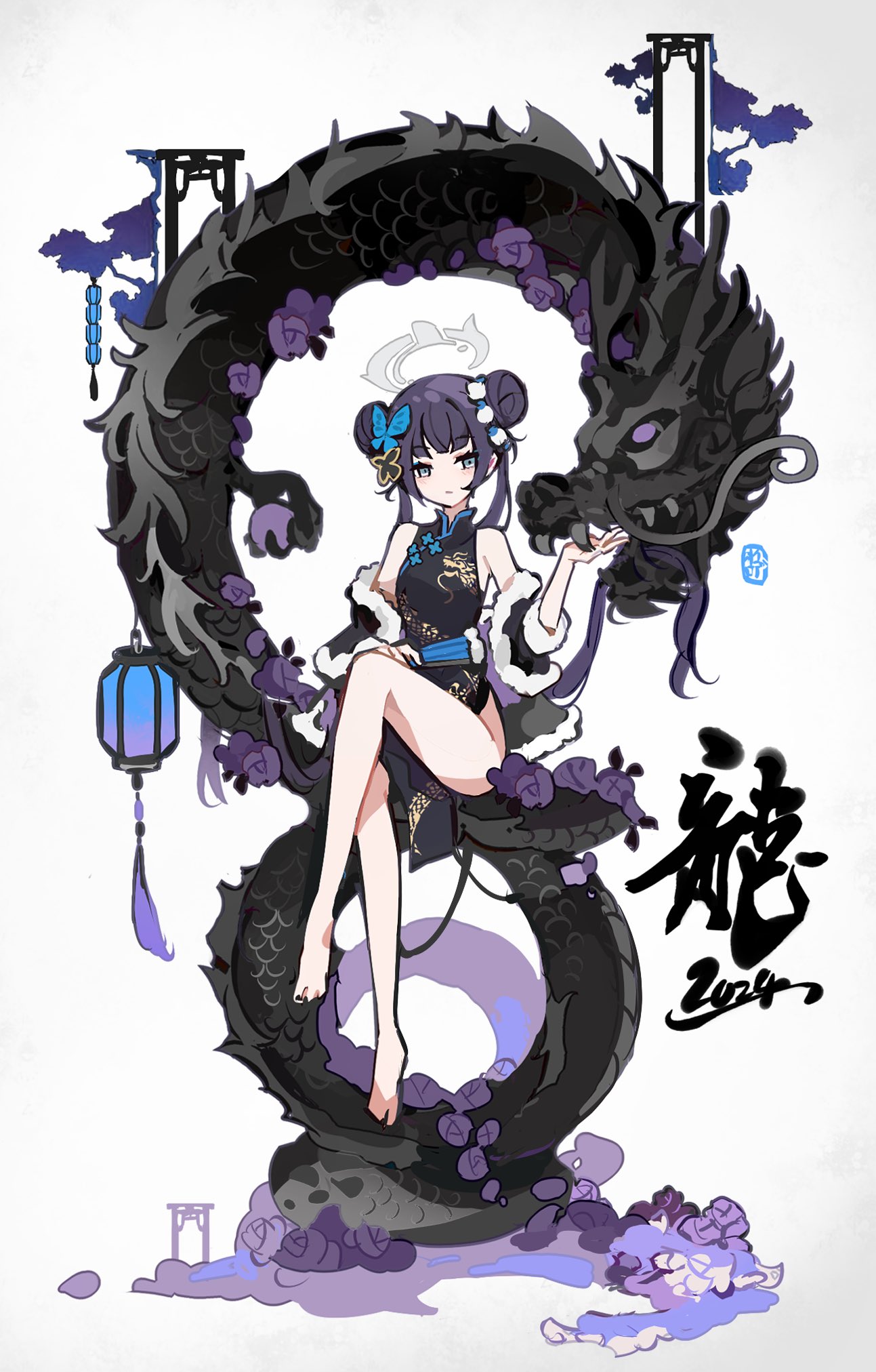 1girl 2024 bare_shoulders barefoot blue_archive blue_hair china_dress chinese_clothes closed_mouth commentary_request double_bun dragon dress full_body grey_eyes grey_halo hair_bun halo highres ideolo kisaki_(blue_archive) long_hair looking_at_viewer pelvic_curtain side_slit simple_background sitting sleeveless sleeveless_dress solo translation_request twintails very_long_hair white_background
