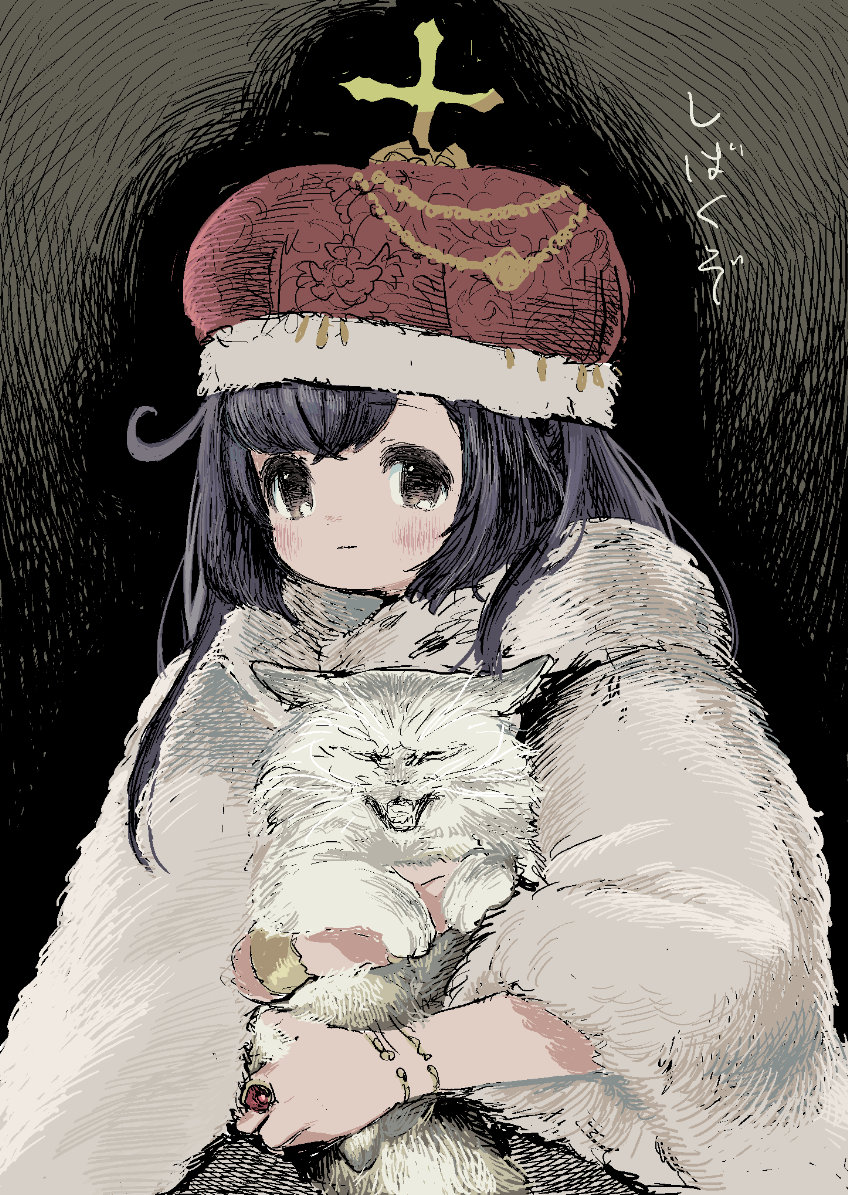1girl abstract_background animal black_hair blush bracer brown_eyes cat cloak closed_mouth commentary_request cross crown dark_background expressionless fur_cloak gem gold_bracelet hiss holding holding_animal holding_cat jewelry long_hair looking_at_viewer mizuno_uchi original ornate_ring raised_eyebrows red_gemstone ring solo translation_request upper_body