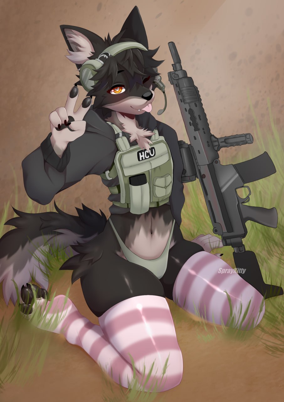 2023 anthro artist_name black_body black_fur black_nose blep canid canine clothing digital_media_(artwork) fur gesture girly grey_body grey_fur gun hi_res inner_ear_fluff legwear looking_at_viewer male mammal navel one_eye_closed ranged_weapon rifle solo spraykitty thigh_highs tongue tongue_out tuft v_sign weapon white_body white_fur wink