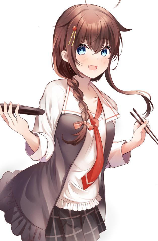 1girl ahoge black_jacket black_skirt blue_eyes blush braid brown_hair chopsticks collarbone fingernails hair_between_eyes hair_flaps holding holding_chopsticks jacket kantai_collection long_hair long_sleeves looking_at_viewer mashiro_aa necktie open_clothes open_jacket open_mouth pleated_skirt red_necktie shigure_(kancolle) shigure_kai_san_(kancolle) simple_background single_braid skirt smile solo white_background