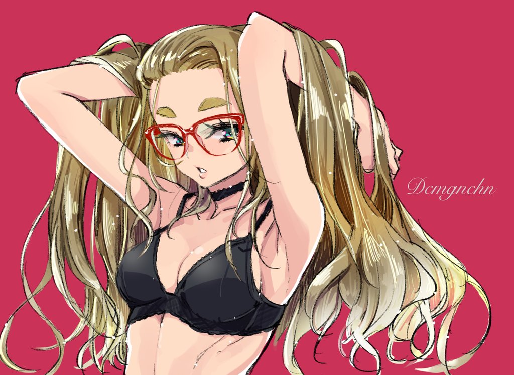 1girl arms_up black_bra black_choker blonde_hair blue_eyes blush bra breasts choker commentary_request dekomegane glasses hands_in_own_hair long_hair looking_at_viewer medium_breasts original parted_lips red-framed_eyewear red_background sasetsu simple_background solo thick_eyebrows underwear upper_body