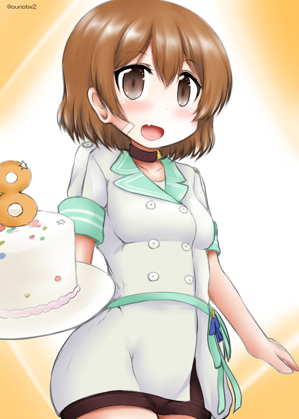 1girl bandaid bandaid_on_face birthday_cake brown_eyes brown_hair cake commentary_request cowboy_shot dress food gradient gradient_background kantai_collection looking_at_viewer oboro_(kancolle) official_alternate_costume ouno_(nounai_disintegration) short_hair skin smile solo white_background white_dress