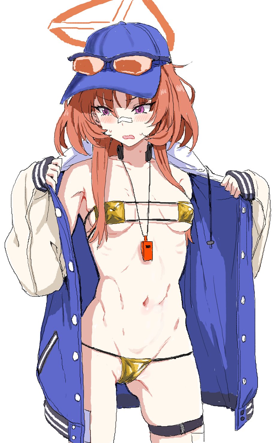 1girl bandaid bandaid_on_face bandaid_on_nose bikini blue_archive blue_headwear blue_jacket breasts clearite collarbone covered_nipples eyepatch_bikini eyewear_on_headwear gold_bikini halo hat highres jacket long_hair navel open_clothes open_jacket purple_eyes red_hair red_halo rei_(blue_archive) simple_background sketch small_breasts solo stomach sunglasses swimsuit thigh_strap whistle whistle_around_neck white_background