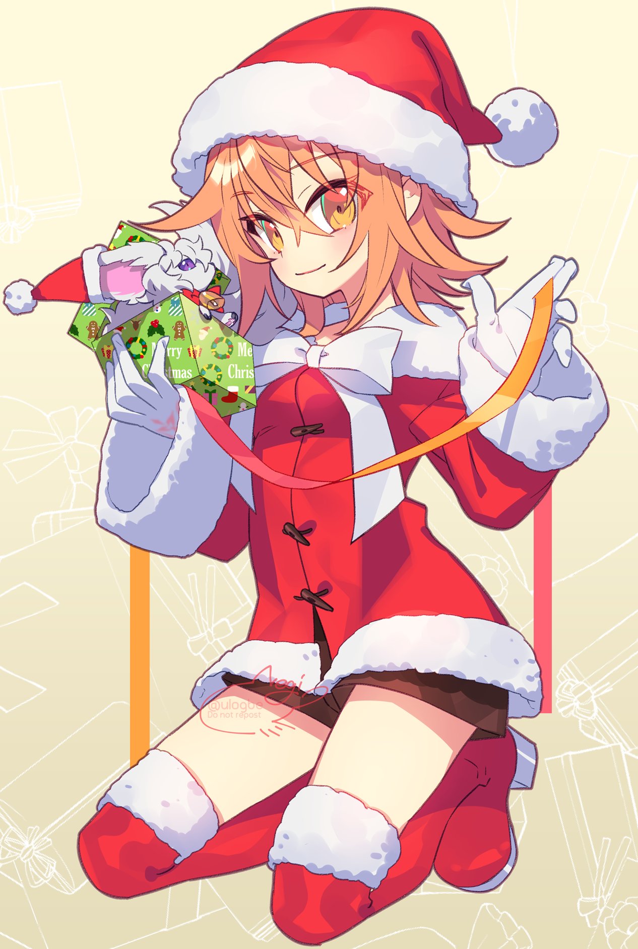 1girl ahoge black_shorts boots box breasts christmas closed_mouth dress fate/grand_order fate_(series) fujimaru_ritsuka_(female) fujimaru_ritsuka_(female)_(white_christmas) fur-trimmed_dress fur-trimmed_headwear fur_trim gift gift_box hat highres kneeling looking_at_viewer negi_(ulog'be) orange_eyes orange_hair red_dress red_footwear red_headwear santa_costume santa_dress santa_hat short_hair shorts small_breasts smile solo thigh_boots variant_set