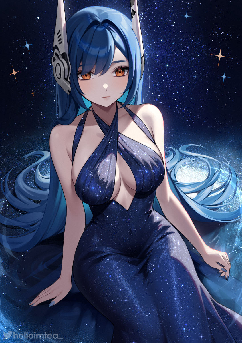 1girl bare_arms bare_shoulders blue_dress blue_hair blue_nails breasts brown_eyes commentary_request commission dress girls'_frontline headpiece helloimtea highres long_hair looking_at_viewer medium_breasts nail_polish sitting sleeveless sleeveless_dress smile solo tar-21_(girls'_frontline) very_long_hair