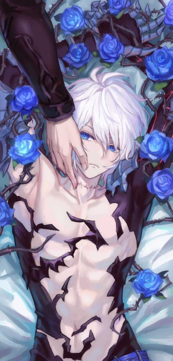 2boys arms_up blue_eyes blue_flower blue_rose flower granblue_fantasy hand_on_another's_cheek hand_on_another's_face highres lucilius_(granblue_fantasy) lying male_focus multiple_boys on_back rose scar scar_on_neck sw21159502 thorns toned white_hair