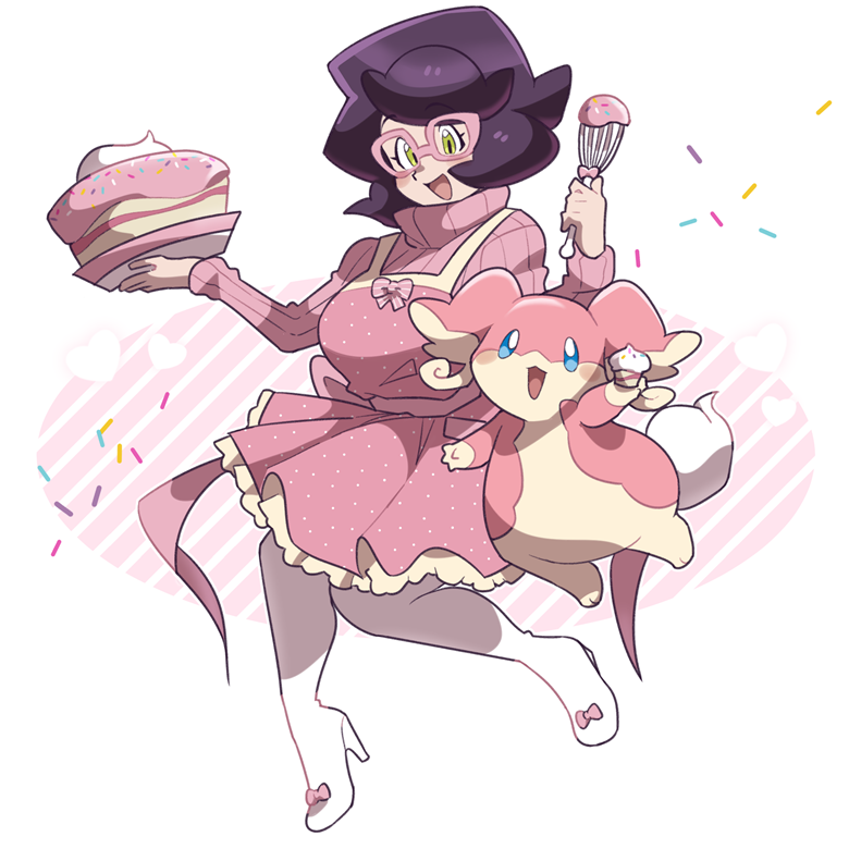 1girl 1other animal_ears apron audino baking big_hair blue_eyes blush blush_stickers bow breasts cake cupcake eyelashes food footwear_bow frills full_body glasses green_eyes high_heels holding holding_food large_breasts large_ribbon long_sleeves looking_at_viewer loveycloud open_mouth pink-framed_eyewear pink_apron pink_background pink_bow pink_ribbon pink_sweater pokemon pokemon_(creature) pokemon_sm purple_hair ribbed_sweater ribbon short_hair simple_background sprinkles striped striped_background sweater tail turtleneck turtleneck_sweater whipped_cream whisk white_background white_footwear wicke_(pokemon)