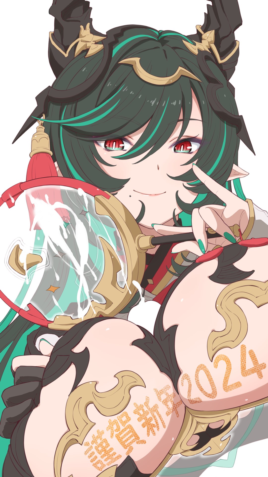 1girl 2024 after_paizuri black_gloves black_hair breast_cutout breasts censored_testicles cleavage cleavage_cutout clothing_cutout colored_inner_hair cum cum_on_object cum_string detached_sleeves dragon_girl dragon_horns draph fingerless_gloves gloves gradient_hair granblue_fantasy green_eyes green_hair green_nails hair_ornament highres horn_ornament horns large_breasts leotard long_hair looking_at_viewer mole mole_under_mouth multicolored_eyes multicolored_hair nail_polish paizuri paizuri_under_clothes payila_(granblue_fantasy) pelvic_curtain penis pointy_ears red_eyes solo tassel tassel_hair_ornament tuanshan two-tone_eyes two-tone_hair very_long_hair warabi_yuuzou white_background white_gloves
