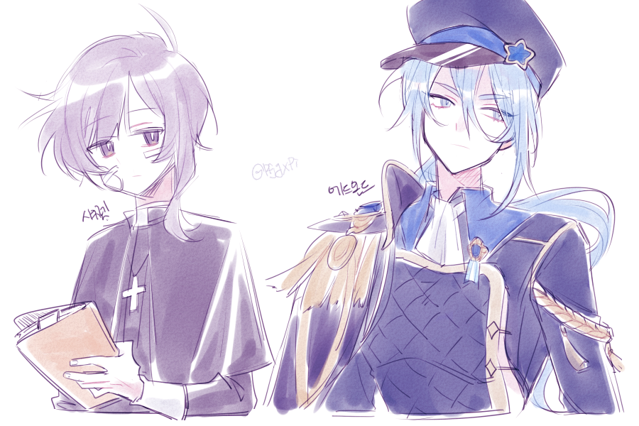 &gt;:( 2boys androgynous bandaid bandaid_on_face black_capelet black_headwear blue_eyes blue_hair bright_pupils capelet cross cross_necklace edmond_(nu_carnival) frown gold_trim happy_saint_sheol holding holding_paper jewelry light_blue_hair looking_to_the_side low_ponytail multiple_boys necklace nu_carnival paper pfjgxpi priest purple_eyes purple_hair securett_rafe v-shaped_eyebrows white_background white_pupils