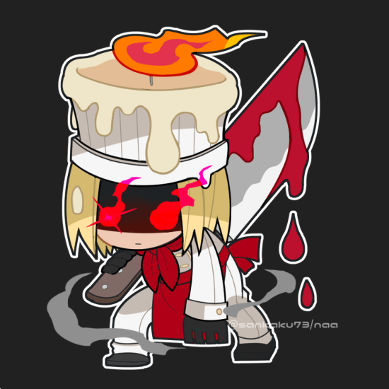1boy 73_(naa) apron black_gloves blonde_hair blood candle chef_hat chibi closed_mouth dot_nose dust flaming_eyes full_body gloves gregory_horror_show grey_background hat hell's_chef_(gregory_horror_show) holding knife long_sleeves male_focus neckerchief red_apron red_eyes red_neckerchief shaded_face short_hair signature simple_background solo standing waist_apron