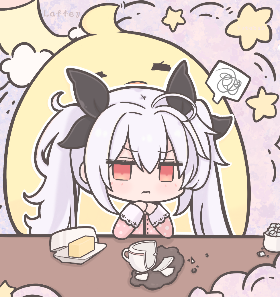 1girl alternate_costume azur_lane broken_cup butter character_name chibi commentary food futaba_(anti_clockwise) hair_between_eyes laffey_(azur_lane) long_hair long_sleeves looking_at_viewer manjuu_(azur_lane) pajamas pink_pajamas red_eyes spill star_(symbol) sugar_cube symbol-only_commentary twintails