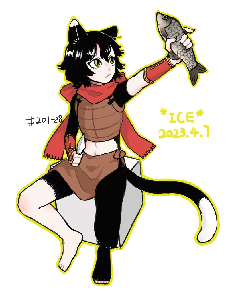 1girl animal animal_ears arm_guards arm_up armor barefoot black_hair body_fur brown_skirt cat_ears cat_girl cat_tail closed_mouth crop_top cube dated dungeon_meshi fish full_body holding holding_animal holding_fish holding_knife izutsumi knife leather_armor looking_to_the_side midriff navel outline outstretched_arm short_hair simple_background sitting skirt sleeveless solo tail white_background xinjinjumin642174478506 yellow_eyes yellow_outline