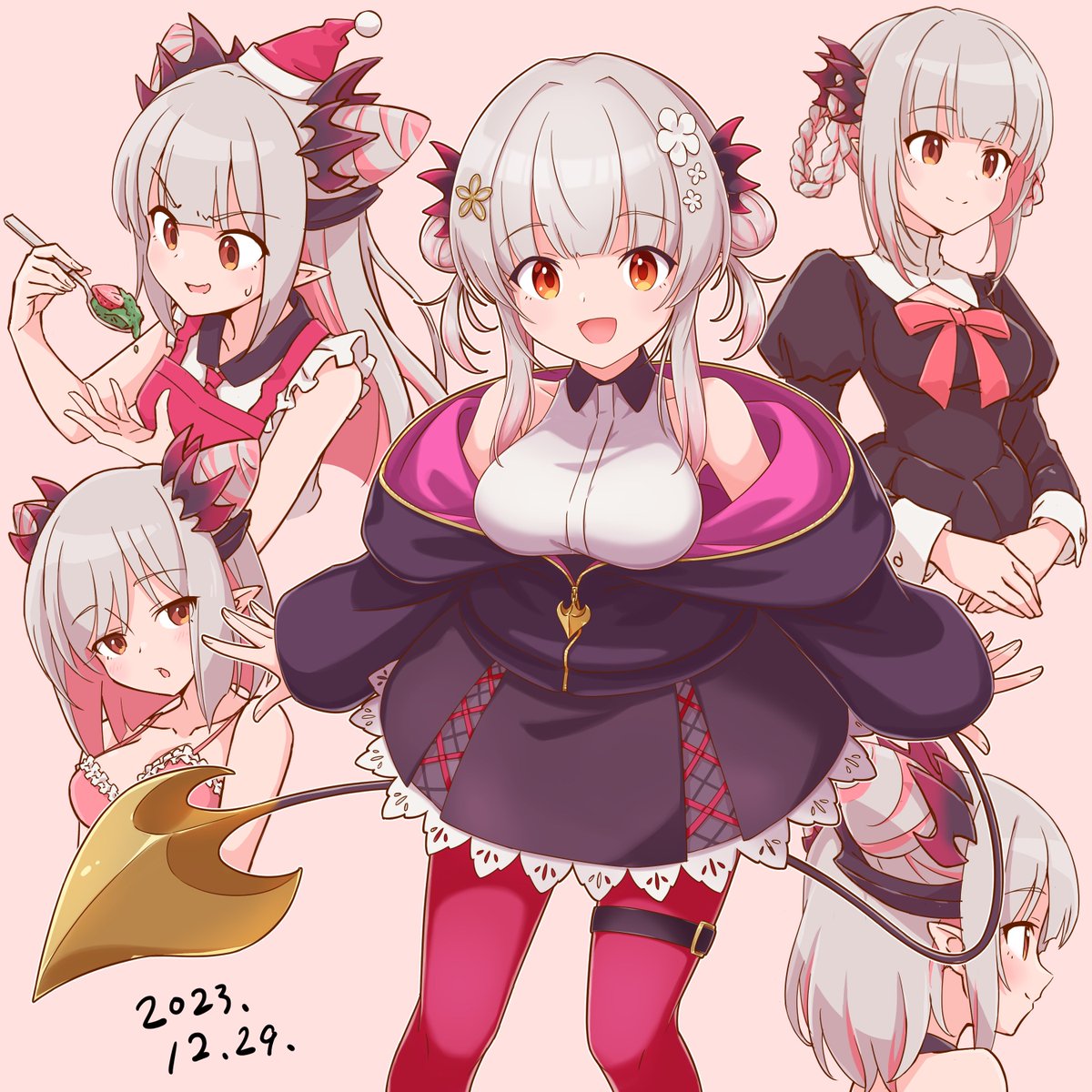 1girl :d bad_food black_jacket blush bow bowtie bra braid breasts brown_eyes cleavage cone_hair_bun dated double_bun feet_out_of_frame flower frilled_bra frills gagame grey_hair grey_skirt hair_bun hair_flower hair_ornament hat highres holding holding_spoon indie_virtual_youtuber jacket lace-trimmed_skirt lace_trim large_breasts long_hair looking_at_viewer medium_bangs mini_hat mini_santa_hat multiple_views nun off_shoulder open_mouth pantyhose pink_bra pointy_ears red_bow red_bowtie red_headwear red_pantyhose santa_hat shirt sidelocks skirt sleeveless sleeveless_shirt smile spoon suou_patra underwear virtual_youtuber white_flower white_shirt