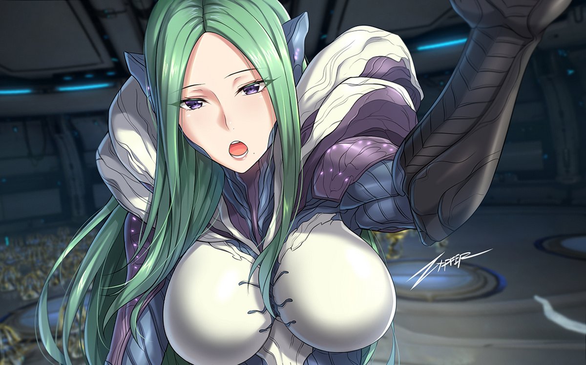 1girl breasts game_screenshot_background green_hair humanization indoors large_breasts lips long_hair mature_female mole parted_bangs power_suit purple_eyes saryn_(warframe) signature warframe zxpfer