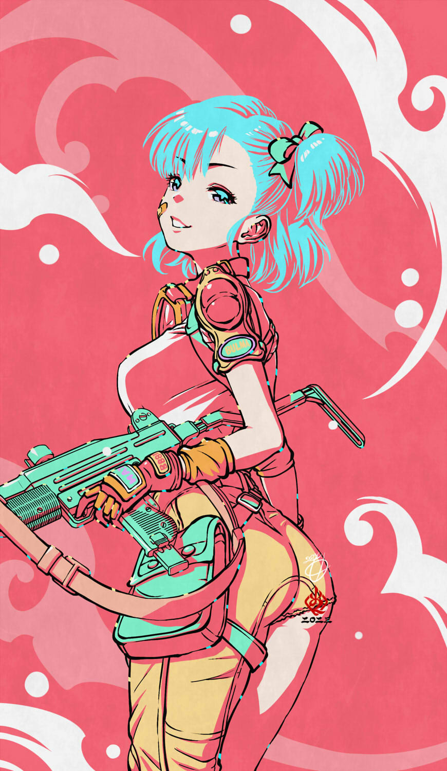 1girl aqua_eyes aqua_hair ass asymmetrical_clothes bandaid bandaid_on_cheek bandaid_on_face bow breasts bulma character_name dragon_ball dragon_ball_(classic) finger_on_trigger gloves gun gun_sling hair_bow highres holding holding_gun holding_weapon imi_uzi kanchiyo limited_palette medium_breasts official_alternate_hairstyle one_side_up orange_gloves short_hair single_pantsleg solo submachine_gun weapon