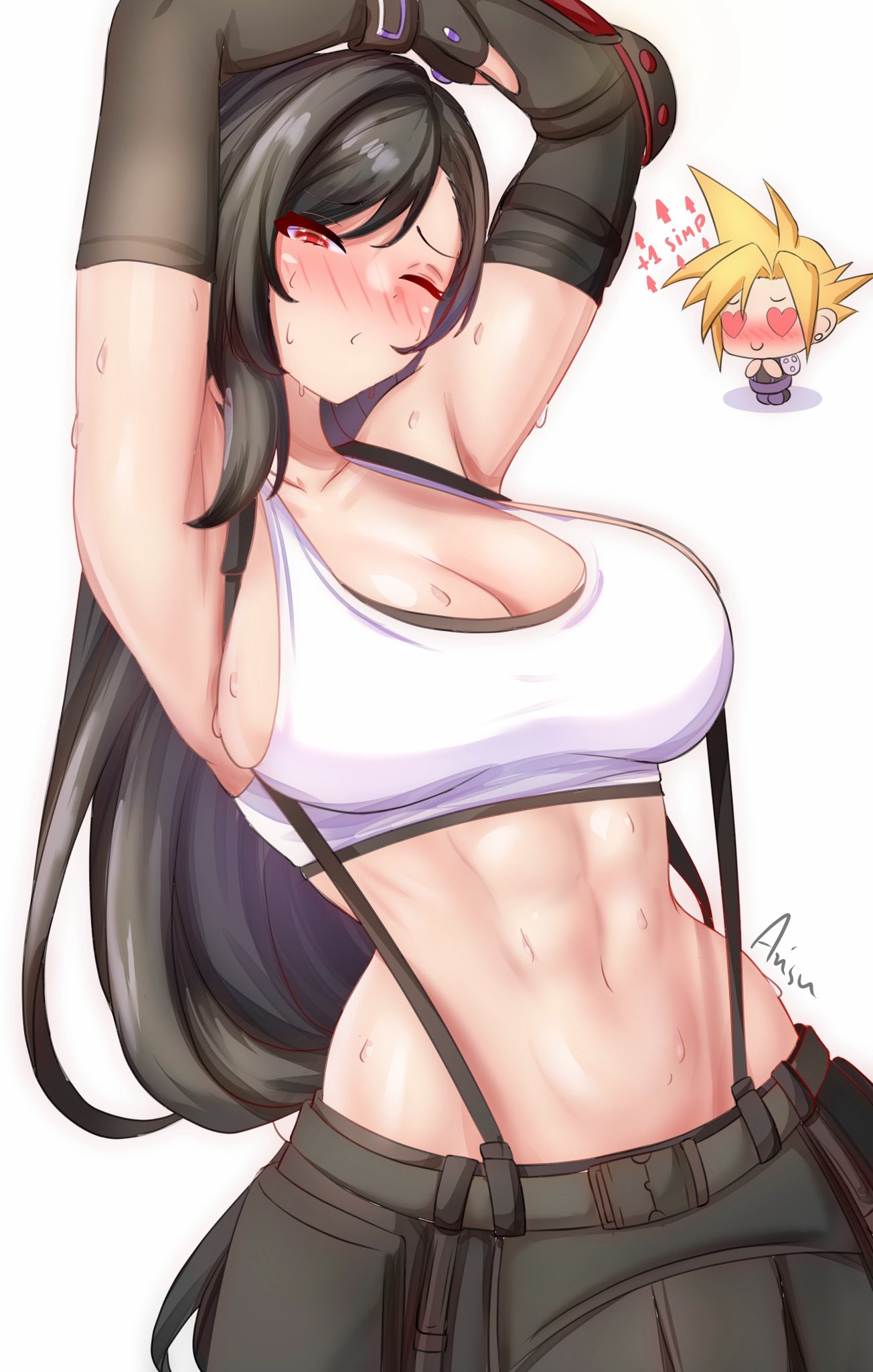 1boy 1girl abs anisdrawn armpits bag belt black_gloves breasts chibi cleavage cloud_strife crisis_core_final_fantasy_vii crop_top elbow_gloves english_text final_fantasy final_fantasy_vii gloves highres large_breasts long_hair low-tied_long_hair midriff navel red_eyes shirt solo suspenders sweat tifa_lockhart white_shirt