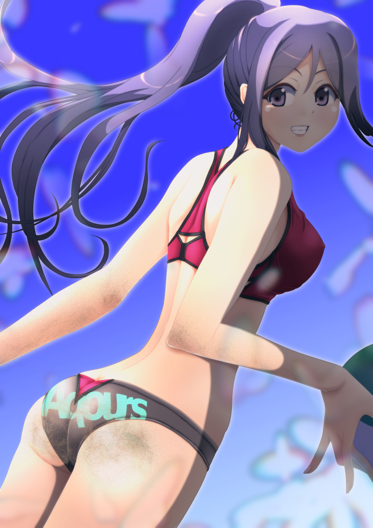 1girl ass back ball beach_volleyball bikini black_bikini blue_background blue_hair blue_sky clothes_writing cloud cloudy_sky commentary_request cowboy_shot day dirty grin holding holding_ball jou_(circlemay) looking_at_viewer looking_back love_live! love_live!_sunshine!! matsuura_kanan mismatched_underwear outdoors partial_commentary ponytail purple_eyes red_bikini simple_background sky smile solo standing swimsuit volleyball