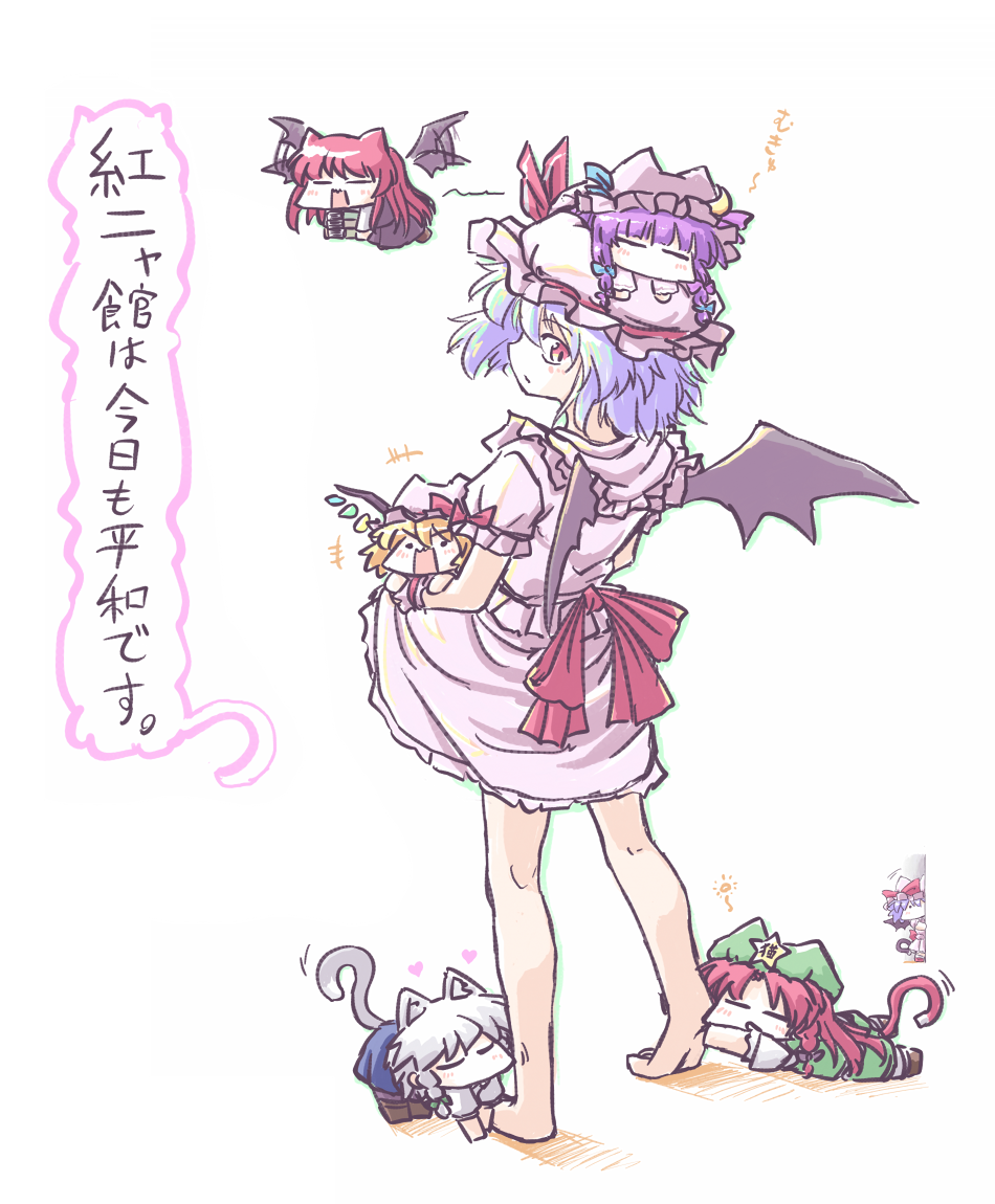 +++ ._. 6+girls :/ =_= afterimage animal_ears aokukou back_bow barefoot bat_wings black_bow black_skirt black_vest blonde_hair blue_bow blue_dress blue_hair book book_stack bow braid capelet cat_ears cat_tail chibi chibi_on_head commentary_request crescent crescent_hat_ornament dress dual_persona ears_through_headwear flandre_scarlet flapping flying full_body green_bow green_dress green_headwear grey_hair hair_bow hair_ribbon hat hat_bow hat_ornament head_wings heart hong_meiling izayoi_sakuya kemonomimi_mode koakuma leg_grab light_blush long_hair looking_back looking_down mini_person minigirl mob_cap motion_lines multiple_girls multiple_hair_bows no_mouth no_nose on_head open_mouth patchouli_knowledge peeking_out person_on_head pink_capelet pink_headwear pink_shirt pink_skirt puffy_short_sleeves puffy_sleeves purple_bow purple_hair red_bow red_eyes red_hair remilia_scarlet ribbon shirt short_hair short_sleeves sidelocks simple_background skirt skirt_set star_(symbol) star_hat_ornament tail touhou translation_request tress_ribbon twin_braids v-shaped_eyebrows vest wavy_mouth white_background white_shirt wings