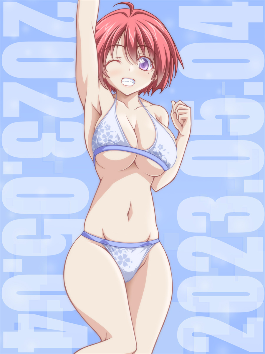 1girl arm_up armpits bikini blue_background blue_eyes breasts cleavage cleft_of_venus clenched_hand dated grin groin halterneck highres hinomoto_hikari kikuchi_tsutomu large_breasts looking_at_viewer mole mole_under_eye navel one_eye_closed red_hair short_hair smile solo standing swimsuit tokimeki_memorial tokimeki_memorial_2 white_bikini