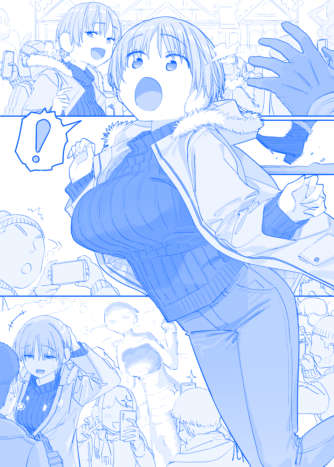 ! 1girl :d ^^^ blue_theme breasts cellphone character_request coat commentary_request crowd denim earmuffs fur-trimmed_coat fur_trim getsuyoubi_no_tawawa gimai-chan_(tawawa) highres himura_kiseki holding holding_phone jeans large_breasts long_sleeves monochrome open_clothes open_coat open_mouth outdoors pants phone short_hair smile snow spoken_exclamation_mark sweater turtleneck turtleneck_sweater