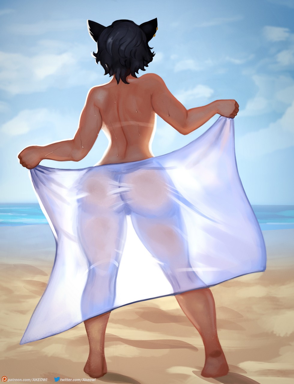 akeowi animal_ears animal_humanoid beach big_butt black_body black_fur black_hair butt cat_humanoid ear_piercing faunus felid felid_humanoid feline feline_humanoid female fur hair hi_res humanoid kali_belladonna mammal mammal_humanoid nude piercing rear_view rooster_teeth rwby sea seaside solo suntan tan_body tan_line tan_skin thick_thighs water wet wide_hips