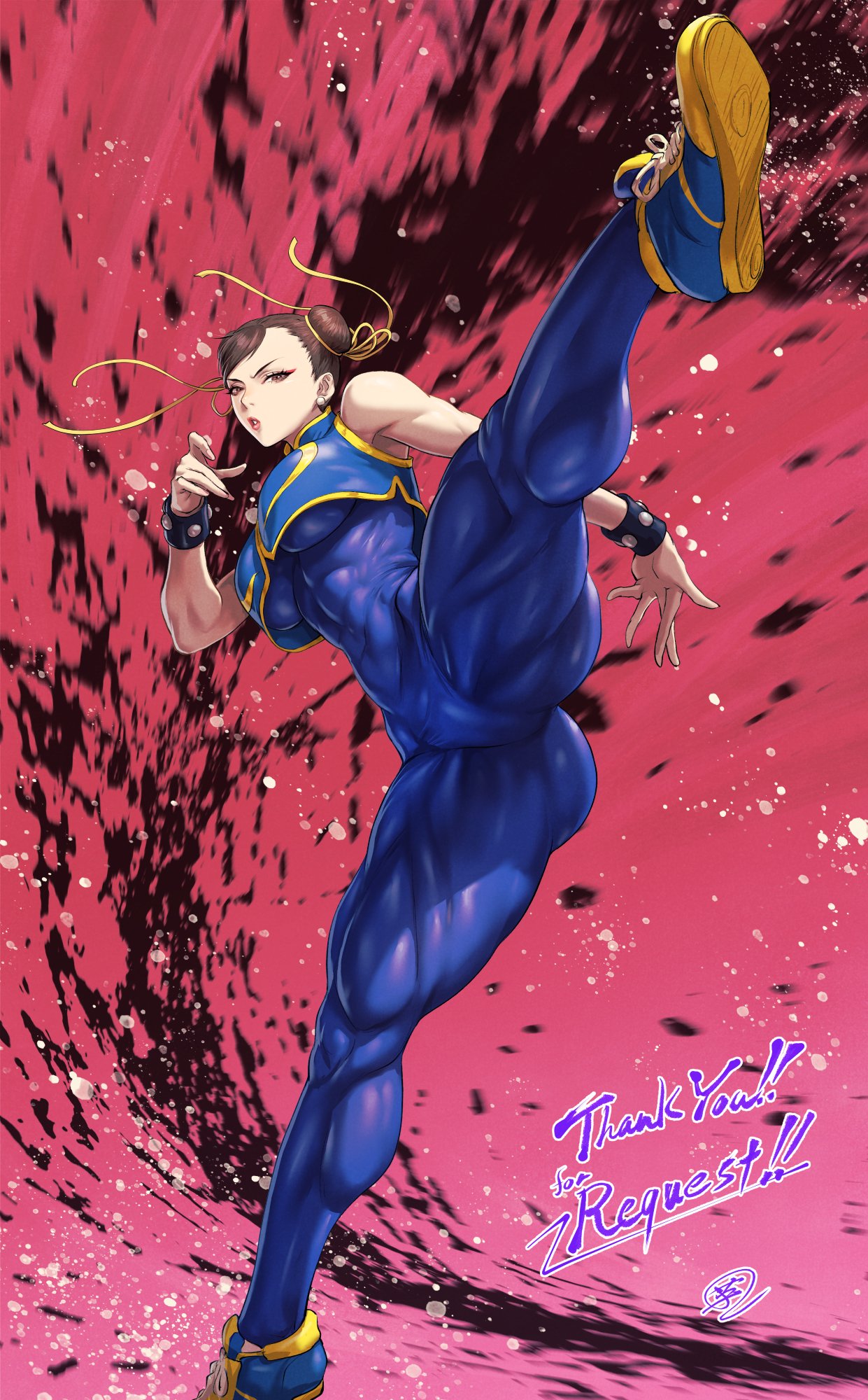 1girl abs bare_shoulders blue_unitard bracelet brown_eyes brown_hair chun-li commentary commission cropped_vest double_bun earrings fujii_eishun gold_trim hair_bun high_kick highres jewelry kicking leg_up lips makeup muscular muscular_female parted_lips shoes signature skeb_commission skin_tight sleeveless sneakers street_fighter street_fighter_zero_(series) unitard vest