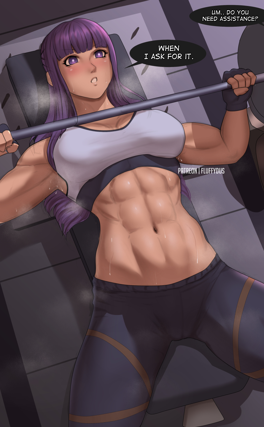 1girl abs barbell english_text exercise fern_(sousou_no_frieren) fingerless_gloves fluffydus gloves gym highres long_hair lying muscular muscular_female on_back patreon_username purple_eyes purple_hair signature solo sousou_no_frieren sweat tank_top toned weightlifting