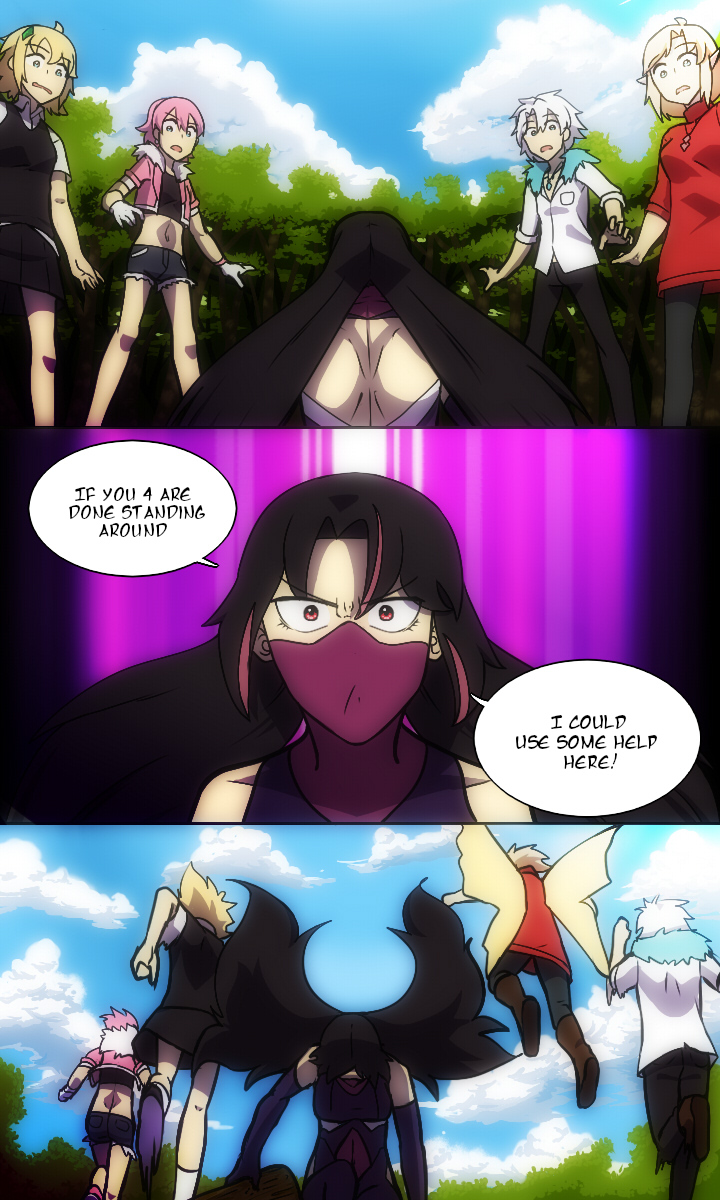 backless_outfit black_hair black_shirt blonde_hair blue_eyes bodysuit breasts brother_and_sister brown_footwear cloud detached_sleeves english_text fate/grand_order fate_(series) forest highres lazyartlazy12 log mask medium_breasts midriff mouth_mask multicolored_hair nature open_mouth original pink_hair purple_hair red_eyes red_shirt shirt shorts siblings sisters skirt speech_bubble white_hair white_shirt wings