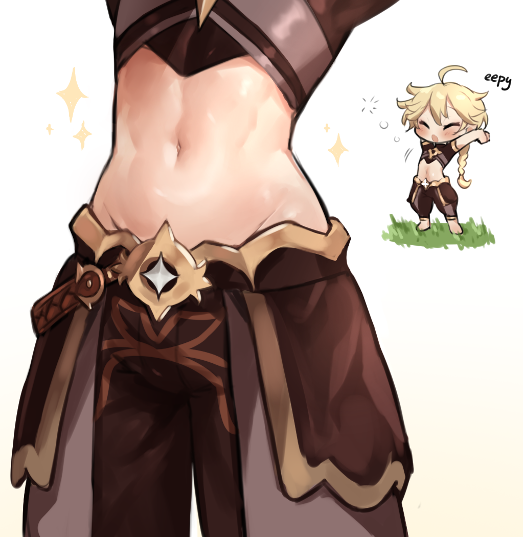 1boy :o aether_(genshin_impact) ahoge arms_up barefoot blonde_hair braid brown_pants brown_shirt btms666 chibi closed_eyes crop_top cropped_shirt english_commentary genshin_impact grass groin hair_between_eyes long_hair lower_body male_focus midriff navel navel_focus open_mouth pants shirt short_sleeves sidelocks simple_background single_braid sleepy sparkle standing stretching white_background zoom_layer